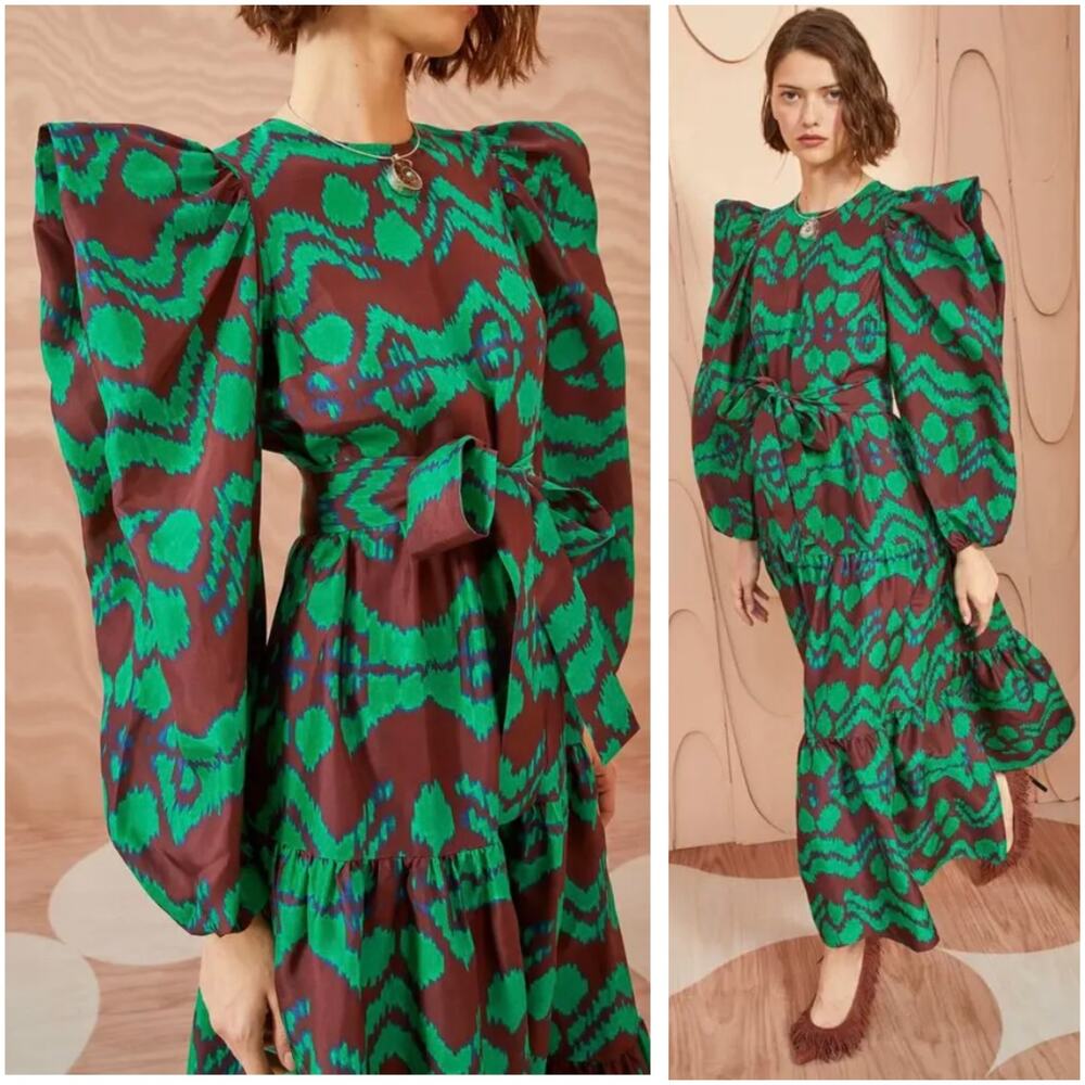 Ulla Johnson Kassandra Silk Ikat Puff Sleeve Midi Dress Malachite 10 NWT